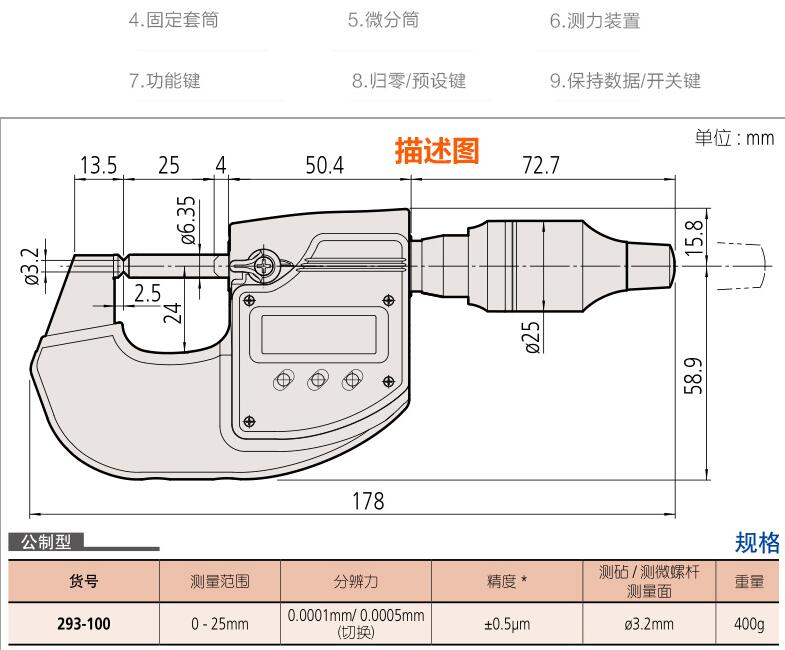 三豐數顯萬(wàn)分尺293-100